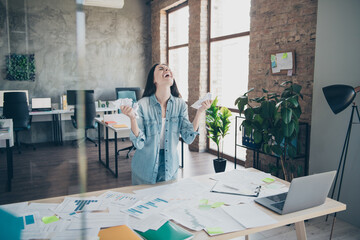 Sticker - Photo portrait of pretty young girl angry scream papers wear trendy denim outfit modern workplace success business owner home office