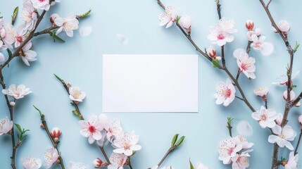 Poster - Almond flowers on light blue backdrop with an empty card