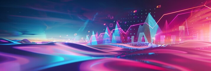 Poster - Digital landscape with neon data charts illustrating market growth and futuristic business trends. Ideal for economic analysis and business presentations