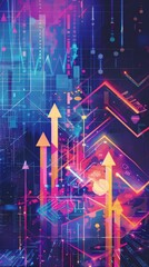 Poster - Futuristic cityscape with arrows and data charts indicating financial growth and market trends. Ideal for business planning and technological innovation