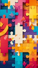 Poster - Colorful puzzle pieces with arrows and charts representing business strategy and market analysis. Ideal for teamwork and problem-solving concepts