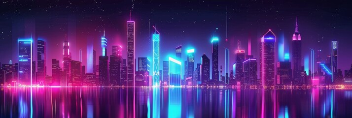 Poster - Futuristic cityscape with neon lights and reflections in water. Modern urban night view with vibrant colors and glowing buildings. Ideal for technology and cyberpunk themes