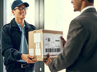 Aufkleber - Delivery man, happy and box at front door with customer, inventory and product in supply chain for shipping. People, package and courier for ecommerce, cargo and distribution for service with stock