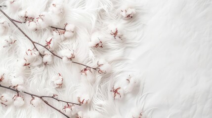 Wall Mural - White fluffy background with cotton branch and flowers top view text space
