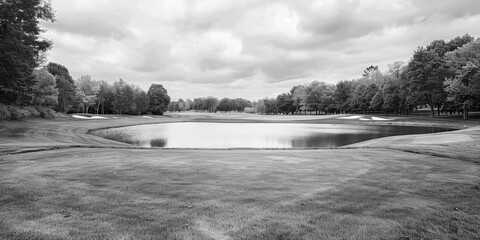 Wall Mural - Black and white photograph of a golf course with lush greenery and fairways