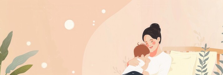 Poster - A mother lovingly puts her baby to sleep, creating a peaceful and calming atmosphere in a soft, light bedroom. Generative AI
