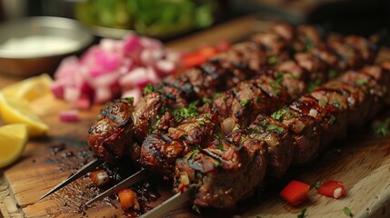 Juicy grilled shashlik skewers on a wooden board garnished with fresh red onions, with tomatoes and condiments in the blurred background
