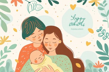 Poster - A mother cradles a sleeping baby in a serene floral setting, creating a peaceful image ideal for promoting baby sleep and comfort products. Generative AI