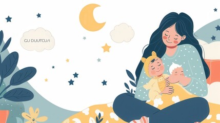 Poster - A mother lovingly holds her sleeping twins in a cozy bed, as the moon and stars shine brightly in the night sky. Generative AI