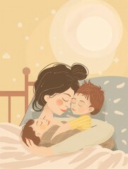 Poster - A mother tenderly cradles her sleeping child in a crib, creating a peaceful and serene bedtime scene. Generative AI