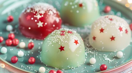 Festive Christmas Mochi with red and green festive icing and sprinkles of stars