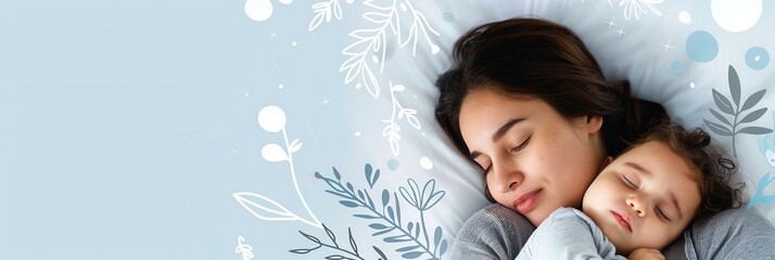Poster - A mother gently cradles her sleeping baby in bed, creating a serene and comforting scene. Generative AI
