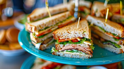 Delectable sandwiches in a vibrant blue plate adorn a desk, tempting diners with a delectable snack or meal.