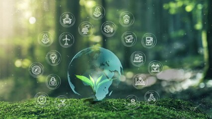 Wall Mural - digital globe concept ecological green energy icons on young plant springing up out of the moss soil