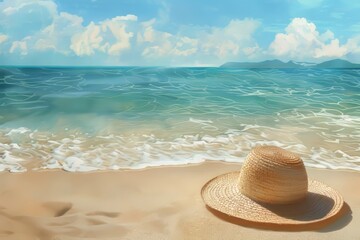 Wall Mural - Tranquil summer beach scene with sun hat on sandy shore against azure sea backdrop