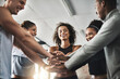 © ClearConcept/peopleimages.com - Fitness, stack and hands of happy people in huddle for gym, diversity and support for workout community. Exercise, solidarity and team building with circle, men and women training together with smile