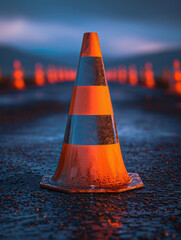 An orange traffic cone on a wet road at night with blurred cones in the background.