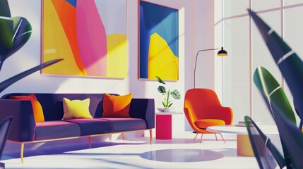 Aufkleber - Bright and artistic office lounge with colorful abstract wall art and modern furniture. Perfect for inspiring creativity and collaboration