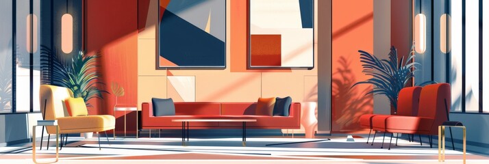 Aufkleber - Vibrant lounge area with colorful furniture and abstract wall art in a modern office setting. Ideal for creative and dynamic workspaces