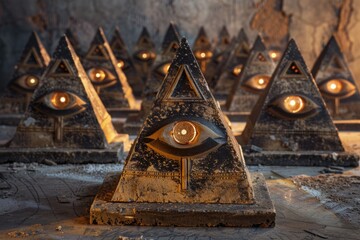 Ancient pyramid structures with a central eye symbol, suitable for historical or mystical themes