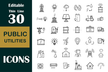 Public utilities web icons thin line set. Rent receipt, electricity, water, gas, garage, heating, collection. Vector illustration.