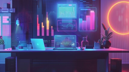 Fototapete - Futuristic office with digital financial dashboards panoramic city views. High-tech workspace with neon lights and advanced analytics tools