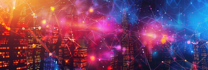 Poster - Colorful digital cityscape with glowing lines nodes representing a global network. Vibrant urban background with futuristic technology elements
