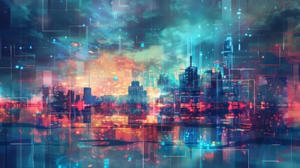 Poster - Colorful futuristic city skyline with interconnected digital lines nodes. Vibrant urban landscape with advanced technology and neon lights