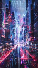 Poster - Abstract cityscape with vibrant colors and digital lines forming network. Futuristic urban background with advanced technology and neon elements