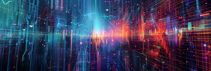 Fototapete - Dynamic city skyline with digital graphs and charts overlay. Futuristic urban landscape representing financial growth data analytics