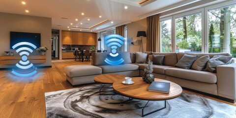 Aufkleber - Modern living room with smart home technology and wifi connectivity, showcasing a stylish and comfortable interior with digital automation