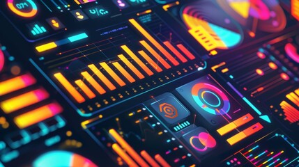 Aufkleber - Close-up of digital dashboard with various analytical charts and metrics in vibrant colors. Perfect for financial analysis and business strategy