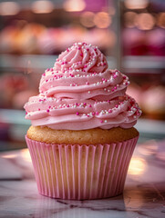 Wall Mural - A pink frosted cupcake with sprinkles in a bakery.