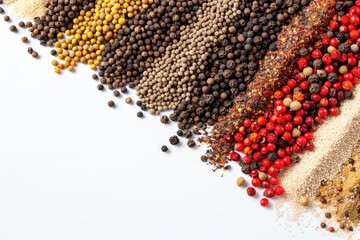 Wall Mural - A collection of various spices and grains arranged on a white surface