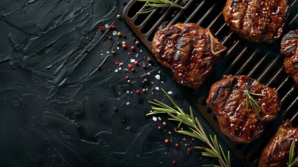 Wall Mural - Grilled beef steaks on a dark background. Close-up of juicy steaks with herbs. Perfect for food blogs or restaurant menus. High-contrast and high-detail photo of delicious grilled meat. AI