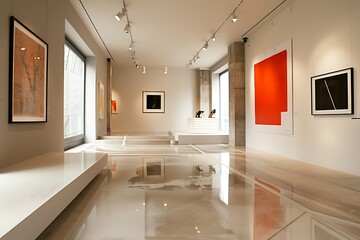 A modern art gallery interior with minimalist style exhibits