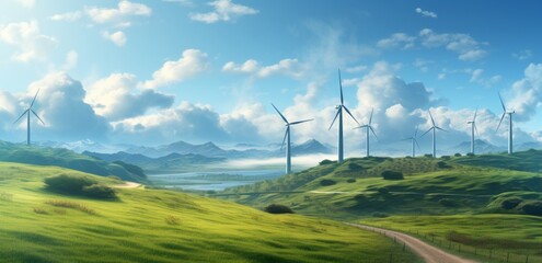 A group of wind turbines stand tall against a backdrop of rolling green hills, harnessing the power of the wind to generate clean, renewable energy.