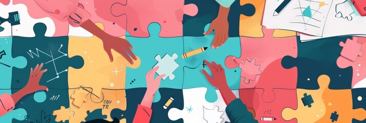 Aufkleber - Diverse group of hands assembling a colorful puzzle on a large table. Inclusivity and collaboration concept. Ideal for presentations on diversity, teamwork, and problem-solving in business