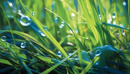 A close-up view of sparkling dewdrops clinging to a blade of grass in the early morning light.