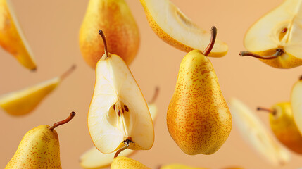 Several Pear Slices, Suspended in the Air - Against a Solid Background, Colliding with each other. Food Art.