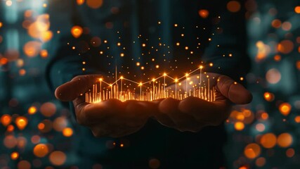Poster - The image shows a person holding their hands out in front of them with a digital chart of glowing lights rising up from their palms.