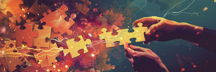 Poster - Hands connecting glowing puzzle pieces with dynamic network lines. Collaboration and innovation concept. Great for technology and business presentations