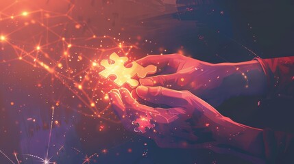 Poster - Close-up of hands holding a glowing puzzle piece against a network background. Connection and problem-solving concept. Perfect for business and technology themes