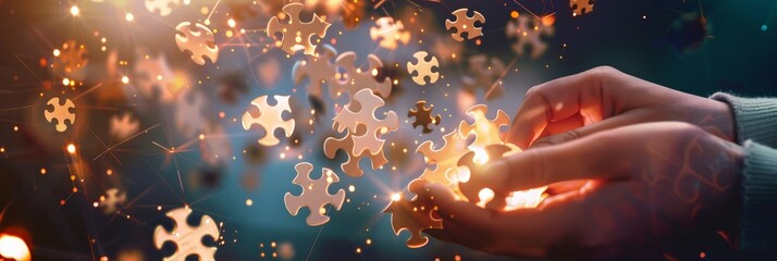 Poster - Hands arranging glowing puzzle pieces with a burst of light and network connections. Creative problem-solving and technology concept. Ideal for innovative business themes