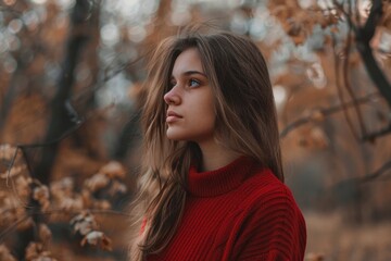 A woman in a red sweater stands in front of a tree, possibly on a hike or nature walk