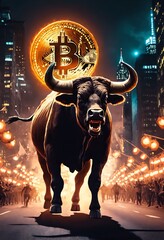 Wall Mural - Bitcoin BTC bull market is coming. Bull Market Wall Street Financial Concept