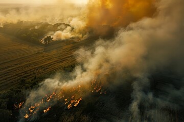 Wall Mural - Aerial view of dense smoke from burning forest and field polluting the air and representing a natural disaster