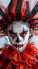 Wall Mural - Girl with bold red and black clown makeup and elaborate headpiece, embodying a festive and spooky Halloween look.