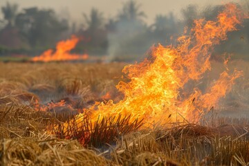 Wall Mural - After harvesting crops burn remaining straw in grassland field