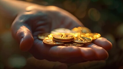 Aufkleber - This Persons hand holding golden bitcoin coins. Funding concept
